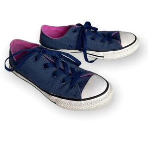 CONVERSE All Star Girls Sneakers Navy Pink Low Top Canvas Double Tongue Size 2